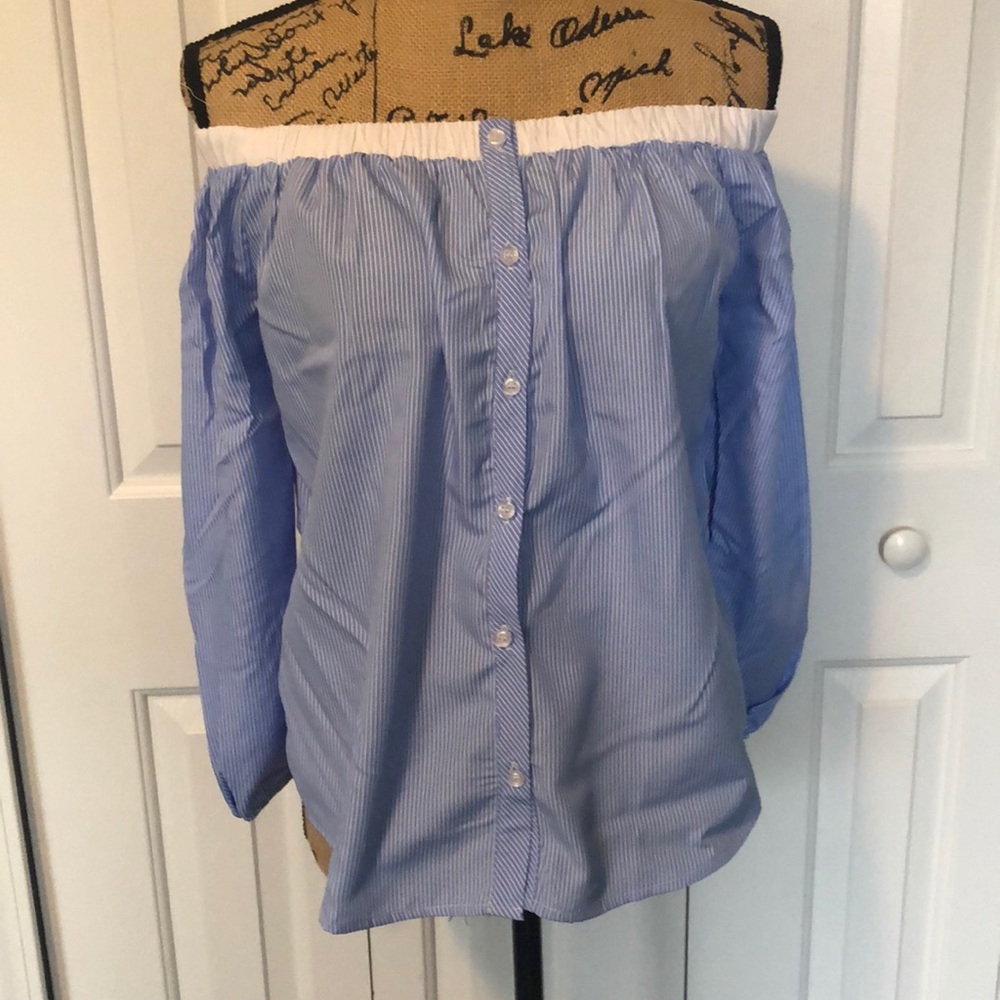 BNWT Blue/White Stripe Button Front Off The Shoulder Top